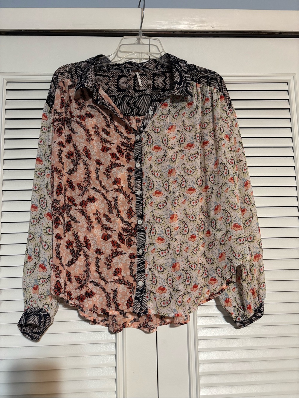 Free People Mixed Floral and Snake-Print Button-Down in Cream, Pink and Black
